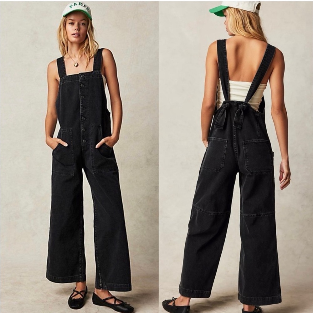Free People Black Wide-Leg Denim Overalls Jumpsuit